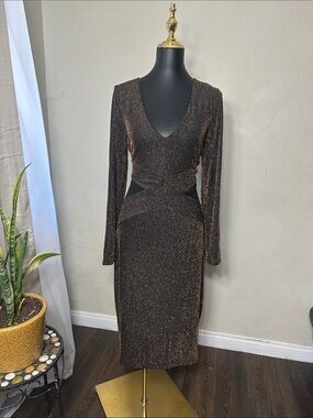 RACHEL Rachel Roy Metallic Brown Long Sleeve V-Neck Cutout Midi Dress
